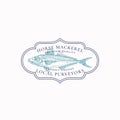 Fish Vintage Frame Badge or Logo Template. Hand Drawn Wild Horse Mackerel Sketch Emblem with Retro Typography. Isolated