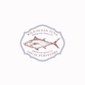 Fish Vintage Frame Badge or Logo Template. Hand Drawn Wild Tuna Sketch Emblem with Retro Typography.