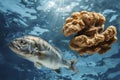 Fish with walnut brain concept underwater. Royalty Free Stock Photo