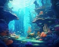 The fish is wandering among the corals of the city of Atlantis.