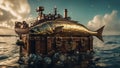 fish in the water A steampunk scene of a metal mahi-mahi fish in the ocean, with a shipwreck and chest