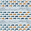 Fish and waves. Stylized multicolored underwater world. Flat illustration on a blue background.