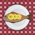 Fish on white plate with lemon and herbs. Vector icon illustration