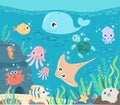 Fish and wild marine animals in ocean. Sea world dwellers, cute underwater creatures, coral reef inhabitants in their natural Royalty Free Stock Photo