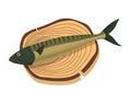 Fish on wooden board. Kitchen cutting board with healthy meal meat. Foodstuff in cartoon style. Concept organic wild