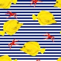 Fish Yellow tang zebrasoma and starfish on a background of white-blue stripes sailor suit, seamless pattern, hand drawn