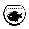 Fishbowl with piranha fish. Aquarium, sea life, underwater. Vector illustration, flat design, black and white