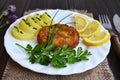 Fishcake, potato salad and lemon slices Royalty Free Stock Photo