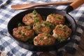 Fishcakes with herbs close-up in a pan. Horizontal Royalty Free Stock Photo