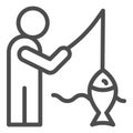Fisheman and catch line icon. Fishing on the river vector illustration isolated on white. Man with fish outline style Royalty Free Stock Photo