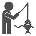 Fisheman and catch solid icon. Fishing on the river vector illustration isolated on white. Man with fish glyph style Royalty Free Stock Photo