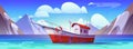 Fisher boat in sea vector cartoon illustration