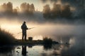 Fisher fishing on foggy sunrise, Generative AI Royalty Free Stock Photo