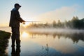 Fisher fishing on foggy sunrise Royalty Free Stock Photo