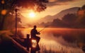 Fisher man fishing with spinning rod on a river bank at misty foggy sunrise Royalty Free Stock Photo