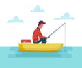 Fisher man holding fishing rod in the boat on lake or sea, season fishing. Vector cartoon male illustration Royalty Free Stock Photo