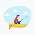 Fisher man holding fishing rod in the boat, season fishing. Vector cartoon character on holiday, trip. illustration. Flat design Royalty Free Stock Photo