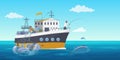 Fisher people in fishing vessel boat vector illustration, cartoon flat commercial fishing industry background with