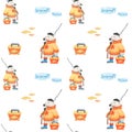 Fisher Polar bear outdoor. Watercolor seamless pattern