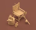 Fisher seat, folding chair and fishing pole. Isometric camping object and scene, monochrome yellow camping equipment on brown