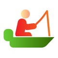 Fisher on vessel flat icon. Man cath fish on fishing rod color icons in trendy flat style. Boat with fisherman gradient