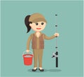 Fisher woman standing with bucket and fishing rod Royalty Free Stock Photo