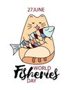 Fisheries day hand drawing illustration. Funny cartoon cat with fish picture for world fishers day greeting card, banner