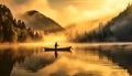 Fisherman Aboard a Small Boat on a Mountain Lake at Dawn - Generative Ai Royalty Free Stock Photo