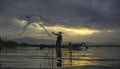 Fisherman of Bangpra Lake in action Royalty Free Stock Photo