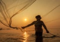 Fisherman of Bangpra Lake in action when fishing, Thailand Royalty Free Stock Photo