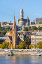 Fisherman Bastion with Matthias church and Calvinist church in Budapest, Hungary Royalty Free Stock Photo