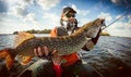 Fisherman and big trophy Pike. Royalty Free Stock Photo