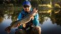 Fisherman and big trophy Pike. Royalty Free Stock Photo