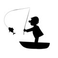 Fisherman on Boat catches fish. Vector silhouette. Royalty Free Stock Photo