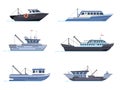 Fisherman boat, commercial vessels. Transportation on sea or ocean. Fish catching transport, water vehicles for logistic