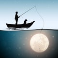 Fisherman in boat with dog on moonlight night Royalty Free Stock Photo