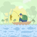 Fisherman in boat and fishes Royalty Free Stock Photo