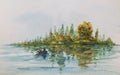 Fisherman in boat float on reflection water surface with autumn colorful foliage island and sky. Hand watercolor art painting