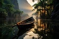 Fisherman boat on the lake, karst mountains landscape background. Generative AI