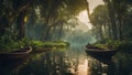 Fisherman boat on the river in the morning