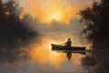 Fisherman in the boat on the river at sunset time, Casting aentlelow on the waters surface AI Generated Royalty Free Stock Photo