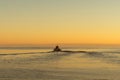 Fisherman on boat at the sunset. Beautiful sunset with the fishing boat. Fishing motor boat with angler. Ocean sea water wave Royalty Free Stock Photo