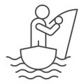 Fisherman on the boat thin line icon. Fisherman with fishing rod vector illustration isolated on white. Man fishing Royalty Free Stock Photo