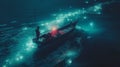 Fisherman on a boat in water illuminated by bioluminescence at night