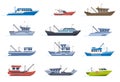 Fisherman boats. Fishing commercial ships, fisher sea boat for ocean water, shipping seafood industry boat isolated Royalty Free Stock Photo