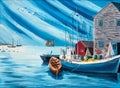 Fisherman Boats and Shacks in Harbor Oil Painting