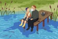 Fisherman and boy fishing in water of lake, grandfather and grandson sitting on pier Royalty Free Stock Photo