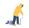 Fisherman cartoon character wearing warm clothes outwear drilling hole in frozen lake for fishing