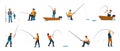 Fisherman. Cartoon people fishing. Characters catching fish with rods while standing on shore of lake and sitting on folding