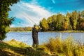 fisherman cast a spinning rod into the lake on sunny day